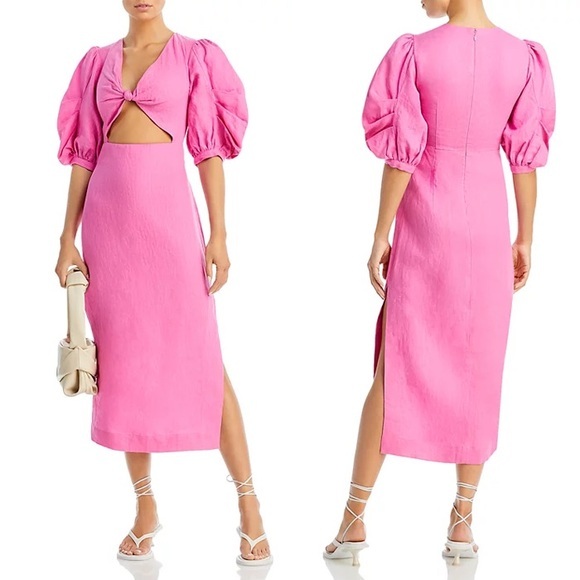 Farm Rio NWT Linen Cut Out Pink Balloon Sleeve Midi Dress S - Picture 1 of 10